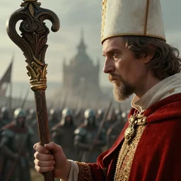 close up cinematic artwork of a medieval bishop with a staff, staring down the enemy on the battlefield by Greg Rutkowski, 4k, masterpiece