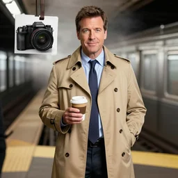 andy richter is standing on a subway platform wearing a tan trenchcoat and necktie, holding a cup of coffee, high end camera, promo photo,