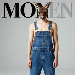 kangaroo wearing denim overalls that have a front pocket, fashion managzine photograph, studio lighting
