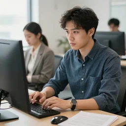 man working very hard in an office, not just making dreams on his computer