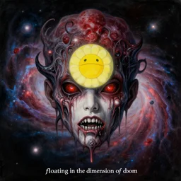 A horrifying detailed cosmic horror portrait painting 'Head floating in the dimension of doom' by Takashi Murakami and Wayne Barlowe, hubble deep field in the background, Trending on cgsociety artstation, 8k, masterpiece.