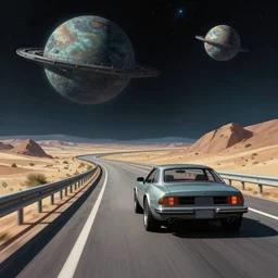driving in car on the super highway on an alien planet in the style of Jean Giraud in the style of Ralph McQuarrie detailed High Resolution HD 8k