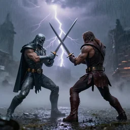 skeletor and he - man in a sword fight, fog on the ground, heavy rain, lightning, moody lighting, shallow depth of field, photo realistic,