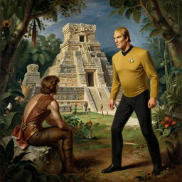 a baroque painting of captain kirk and spock visiting an aztek temple in the jungle