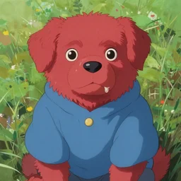beautiful painting from the anime film by studio ghibli, red anthropomorphic dog human hybrid wearing human clothes, drooling, fur, trending on artstation
