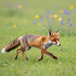 a fox running through a meadow, more flowers