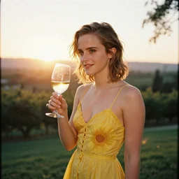 emma watson, white wine glass, yellow sun dress, napa valley sunset, backlit, golden hour, kodak gold 2 0 0, 5 0 mm,