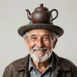 hyper realistic old man smiling with a teapot as a hat, canon eos 4 0 d