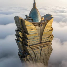 full detailed intricate photo of worlds tallest building, castle clouds, elaborate mansion gothic detail, glass and steel, golden hour, misty atmosphere