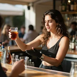 an over-heated young female bartender serving people alcohol under the hot sun, photograph, 4k UHD