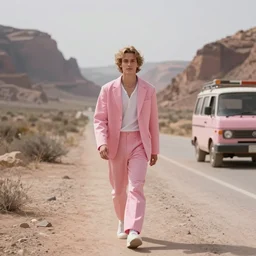 cinematic photo of pink guy travelling through realms