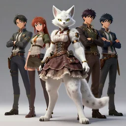 wide angle beautiful full body portrait of a strong female anthropomorphic anthro white lynx fursona wearing a steampunk dress. character design by disney, anime, manga, charlie bowater, ross tran, artgerm, and makoto shinkai, detailed, soft lighting, rendered in octane