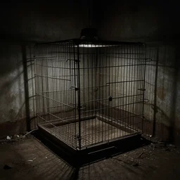 multiplier in a small cage, dark lighting, dilapidated basement