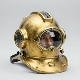a head and shoulders portrait of a man with an old gold diving helmet on underwater in murky water.