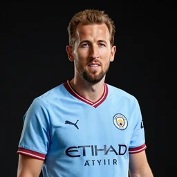 a photograph of Harry Kane wearing a Manchester City jersey, black background, studio lighting