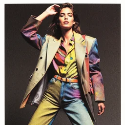 portrait of a french fashion model with exuberant clothing style, colorful, dynamic pose, beautiful face, octane render, vray, detailed, halftoned, editorial photo, matte print, grainy light, ( ( dither ) ), risograph, high contrast, screen print, rich grainy texture, fujifilm superia, kodak portra