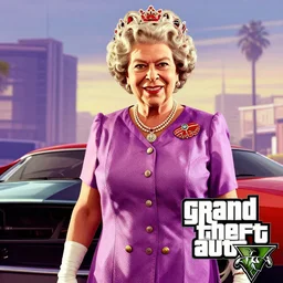 The Queen of England in Grand Theft Auto 5 cover art, epic, 4k resolution, extremely detailed, very sharp, artstation, digital art, vibrant,
