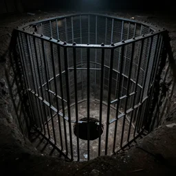 a vertical prison in a pit with a hole in the center. dark style, cinematic lighting, side view