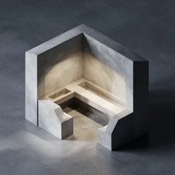 isometric view of break room, clean, minimalist, underground, brutalist style, light and shadows, octane render
