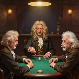 isaac newton and stephen hawkins and asimov and albert einstein playing poker in an old west saloon, centered, digital painting, artstation, concept art, smooth, illustration, art by james gurney and norman rockwell and greg rutkowski