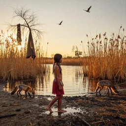 barefoot native american girl in a still, sticky, golden evening saunter around litton reservoir... the sudden startling of birds, the bizarre architecture of desiccated reeds, hanging tentlike from lower boughs, a rummaging fox on the opposite shore, scorched grasses, and always and everywhere burnished by the dropping sun, backlighting and reflecting colours into a heady intensity. then home for a very welcome, very cold shower.