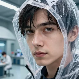 Cinestill 800t, 8K, highly detailed, seinen manga 3/4 extreme closeup portrait, eye contact, focus on blade runner clear raincoat model, tilt shift zaha hadid style anime background: famous anime remake, indoor lab scene