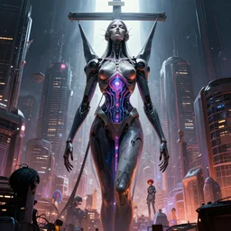 award winning portrait of a crucified gargantuan female biomorphic cyborg goddess queen in the style of death stranding, neon genesis evangelion, with intricate energy core connecting to a futuristic downtown city, mightnight by artgerm, jean moebius giraud, yoshitaka amano, beeple, greg rutkowski. octane render.