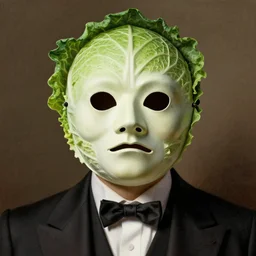 beautiful portrait of a man wearing a cabbage mask and formal suit, headshot, digital illustration, matte painting, hyperrealistic, photoreal, symmetry, highly detailed, sharp focus, 8 k, hd, intricate, by gustave moreau and albrecht durer