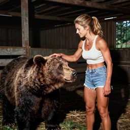 color photograph portrait of a muscular woman tending a bear in a barn. night, summer, warm lighting, 1 9 9 0 photographs from life magazine.