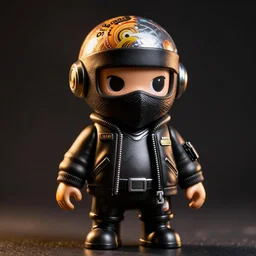a beautiful art toy figurine by ashley wood and world of aaa, robot ninja with a black bomber jacket, threea toys, dark background, dramatic studio light