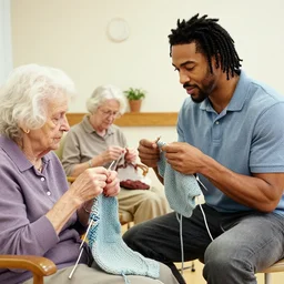 Diamond Dallas Page teaching knitting to old ladies in a nursing home. photo by Steve McCurry