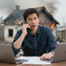 a man trying to get fire insurance after his house burnt down. he talks too fast on the phone, its very noticable