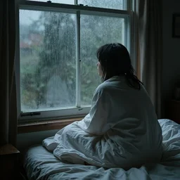 on a rainy day, someone sits in bed, curled up under the covers, looking out the window, cinematic, artstation, extremely detailed, intricate, cinematic lighting