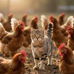 a cat stading in the middle of lot of chickens, golden hour, high detailed, depth of field, 8 k