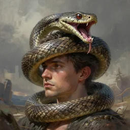an intricate concept illustration of a snake serpent with open mouth, around a man's head, by wlop, artstation, cgsociety, hyper realistic, photorealistic, digital painting