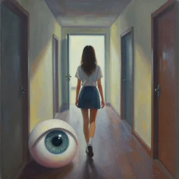 a painting of a girl walking in a hallway and suddenly finds a giant eye on the floor blocking her way, artstation