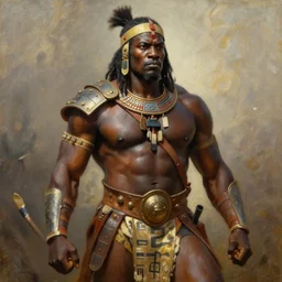 a powerful and muscular male african warrior, tribal armour, realistic oil painting by Thomas Cole and Wayne Barlowe