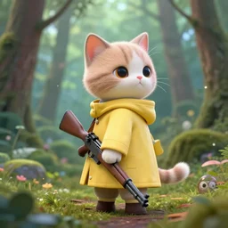 portait of a cute humanoid cat soldier wearing a yellow raincoat, venturing through a dense forest, carrying a rifle. realistic 4 k octane render, epic composition, magical atmosphere, ultra hd, masterpiece by petros afshar, anton fadeev and rembrandt, trending on artstation, looking back over shoulder, pastel colors, extremely detailed, gorgeous