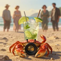 a crab drinking a mojito at the beach, golden hour, depth of field, zeiss lens, detailed, centered, digital painting, artstation, concept art, donato giancola, Dante Gabriel Rossetti, alphonse mucha, Joseph Christian Leyendecker, WLOP, Boris Vallejo, Annie Leibovitz and Steve McCurry, David Lazar, Jimmy Nelsson, Breathtaking, 8k resolution, extremely detailed, beautiful, establishing shot, artistic