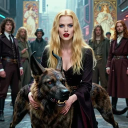 realistic detailed movie shot of a beautiful blond vampire woman with a cerberus, futuristic street background by denis villeneuve, amano, yves tanguy, alphonse mucha, ernst haeckel, caravaggio, edward robert hughes, roger dean, rich moody colours, dog teeth, blue eyes