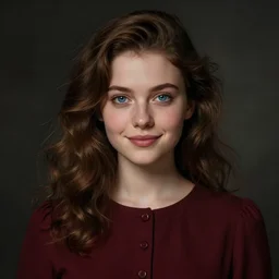 a portrait of a cute woman, brown hair, wavy hair, blue eyes, wearing a dark red dress, button nose, round face, soft chin, soft facial features, chubby cheeks, very detailed digital art, dynamic lighting, moody atmosphere, dark background, piercing gaze, warm smile, 4 k portrait art by artgerm, greg rutkowski, craig mullins