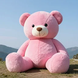 a film still wide shot of a mountain with a giant pink teddy bear head, spotlights, neon lights, tomorrowland party, dance party, concert, sunset, vibrant colors, beautiful,