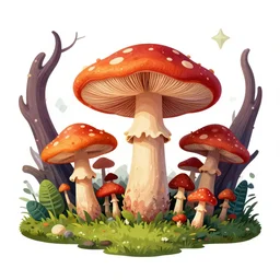 psychedelic mushrooms wide angle shot, enchanted forest, white background, vector art, realistic illustration by frank frazetta