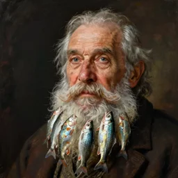 old man with a beard full of fish, lowbrow surrealistic, in the style of mark ryden,
