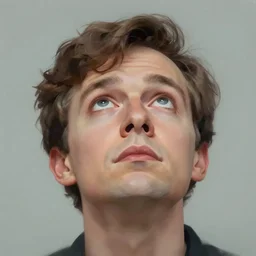 digital painting of a man looking upwards, eyes open in wonder, awestruck, genndy tartakovsky, in the style of pixar, up, character, white background