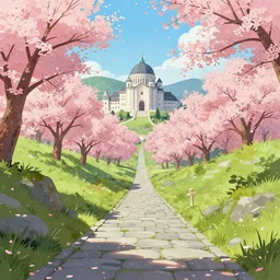 stone path through a cherry blossom filled valley leading to a monastery, matte painting, adult swim
