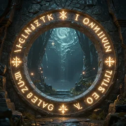 circular stone portal with glowing runes and a different world beyond::2, night, mystical lights, octane render, cinematic lighting, epic, style of John Howe, Tolkien