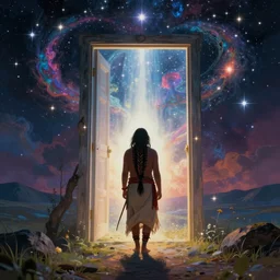 an indigenous shaman entering the world of dreams through a giant door full of light and surrounded by stars, beautiful colors, fantastic, surrealism, vladimir kush art style