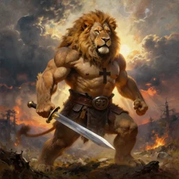 oversized muscular lion as dangerous barbarian with cross on chest armor and sword in epic pose and hard backlight from sunset  , very textured detailed oil painting panoramic backlight portrait by rembrandt, backlight, dramatic clouds, thunder storm and forest on fire  ,sun rays