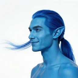 photo of a blue man looking sideways with [ [ blue ] ] [ skin ] and elegant smiling chiseled jaw, elf ears, a singular long blue ponytail flowing with the wind, blue hair is cropped on the sides of the ears, skin is blue, [ white ] [ background ], background is white 8 k, 8 5 mm f 1. 8